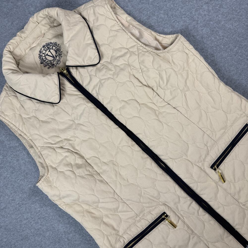 Viyella Quilted Vest Womens Beige Black Piping Contrast Full Zip UK 10 US 6